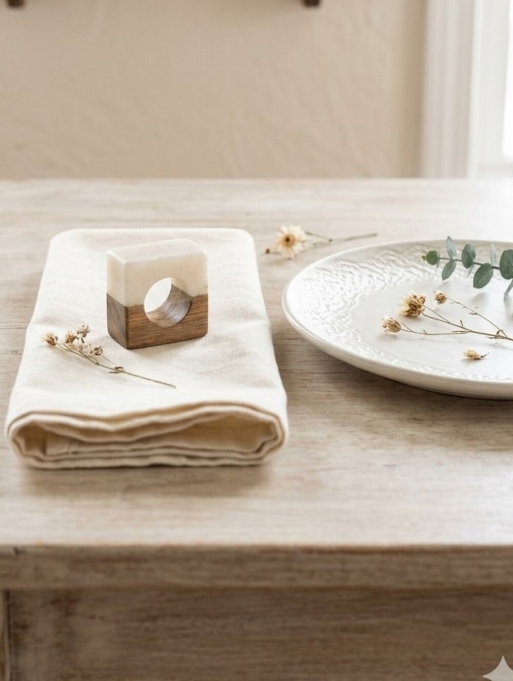 Set of 7 Marble and Wood Napkin Rings - White and Natural Wood